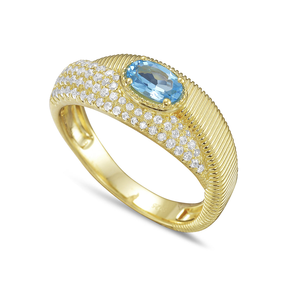 14KY ring with 1 blue topaz 0.48ct and 65 diamonds 0.32ct tw 5.5