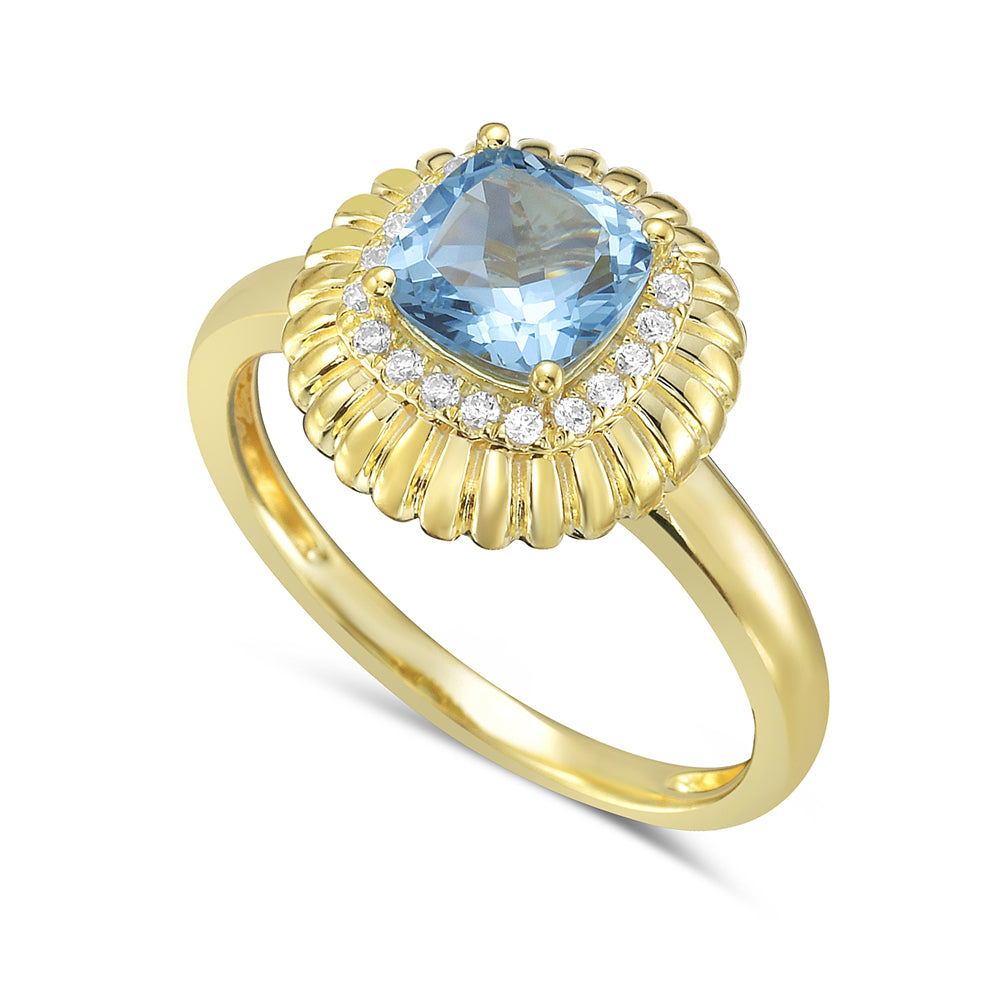 14KY ring with 1 blue topaz 1.19ct and 20 diamonds 0.1.ct tw 5.5