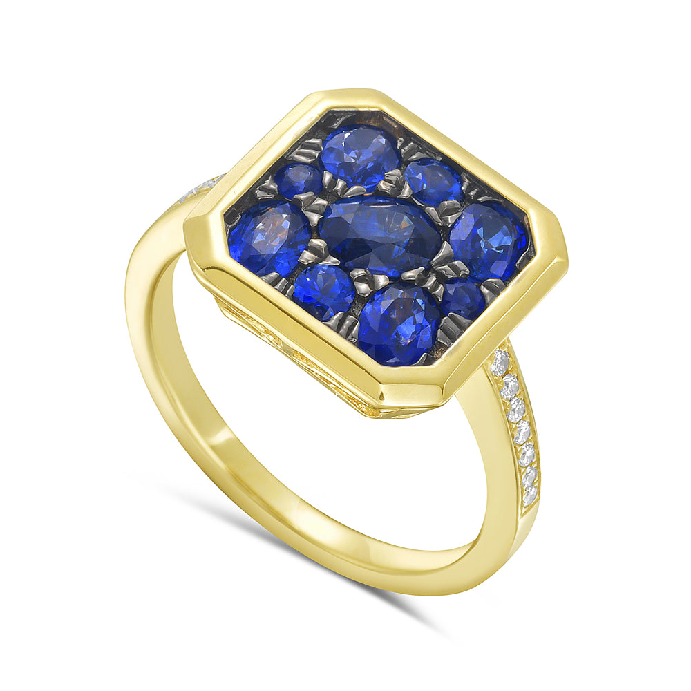 Octagonally Framed 14KY Ring with Sapphires and Diamonds