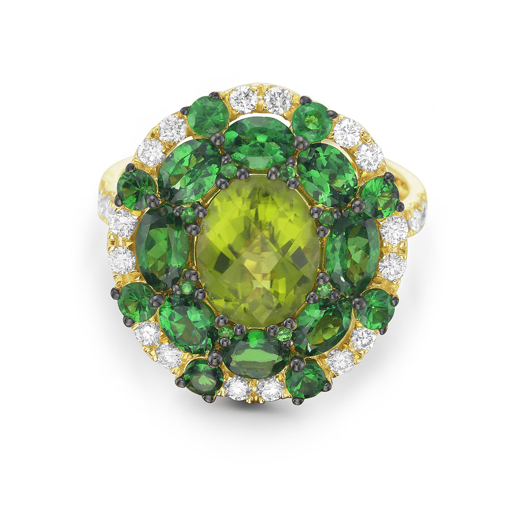 Floral Design Ring in 14K Gold with Peridot, Green Garnets, & Diamonds