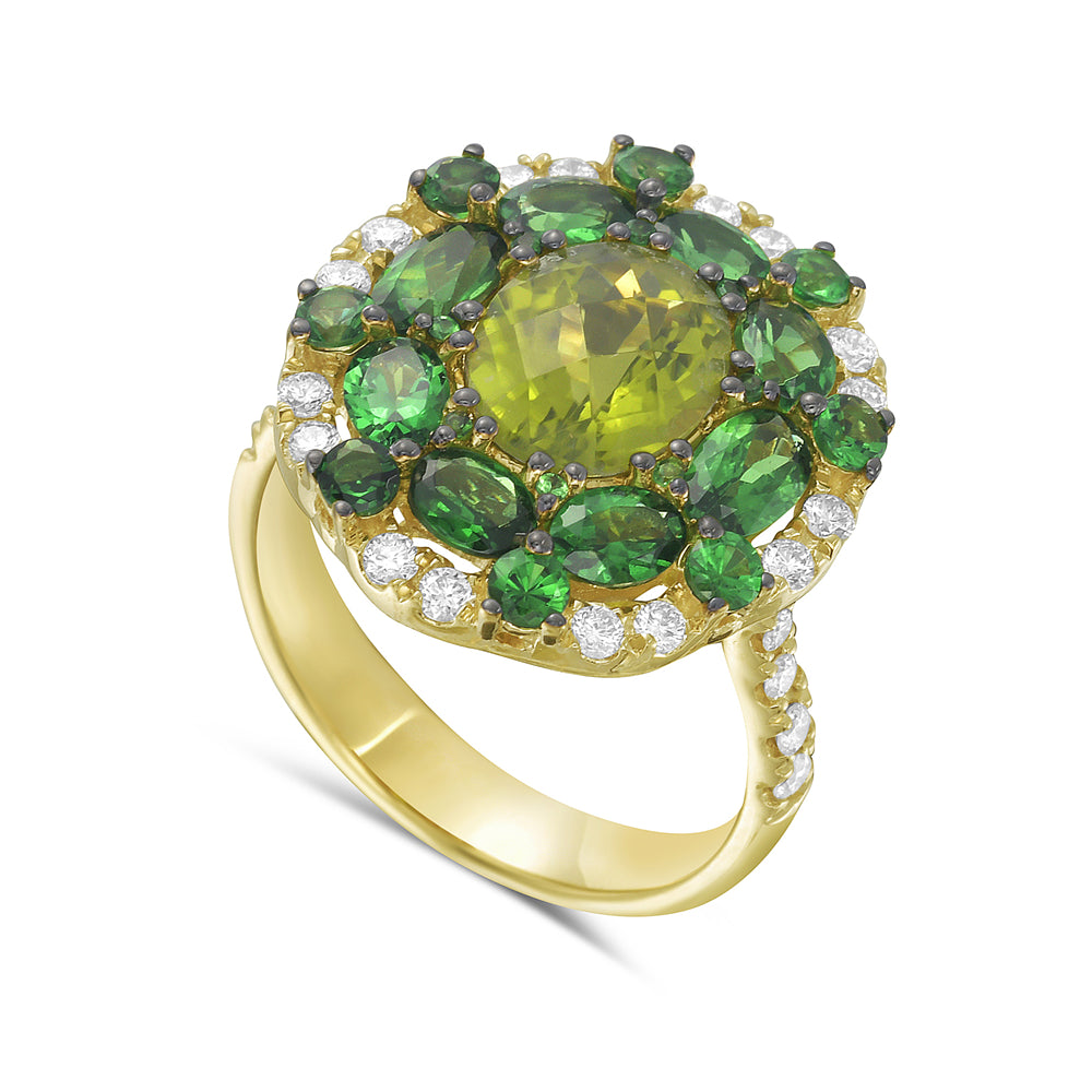 Floral Design Ring in 14K Gold with Peridot, Green Garnets, & Diamonds