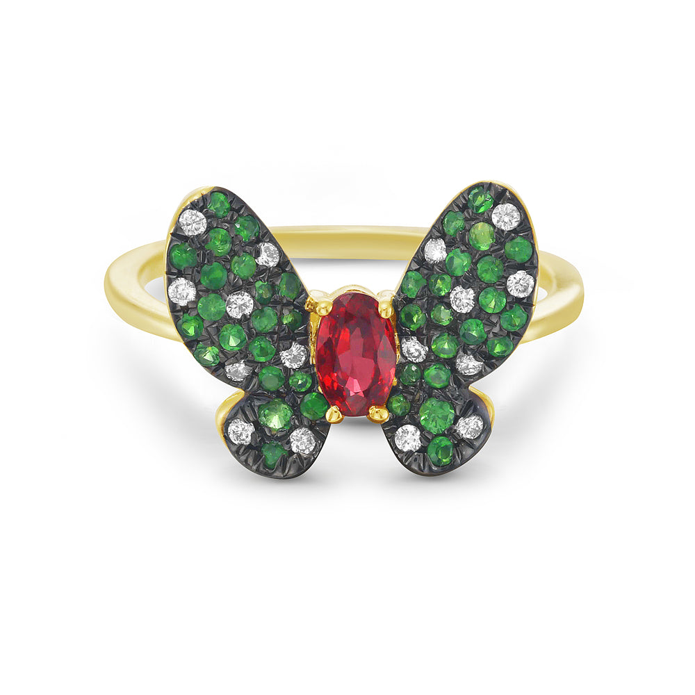 Gold Butterfly Ring in 14K Gold with Orange Sapphire, Green Garnets, & Diamonds