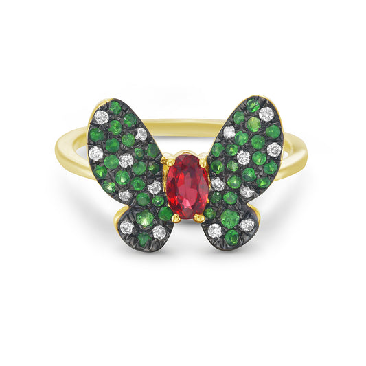 Gold Butterfly Ring in 14K Gold with Orange Sapphire, Green Garnets, & Diamonds 5.2