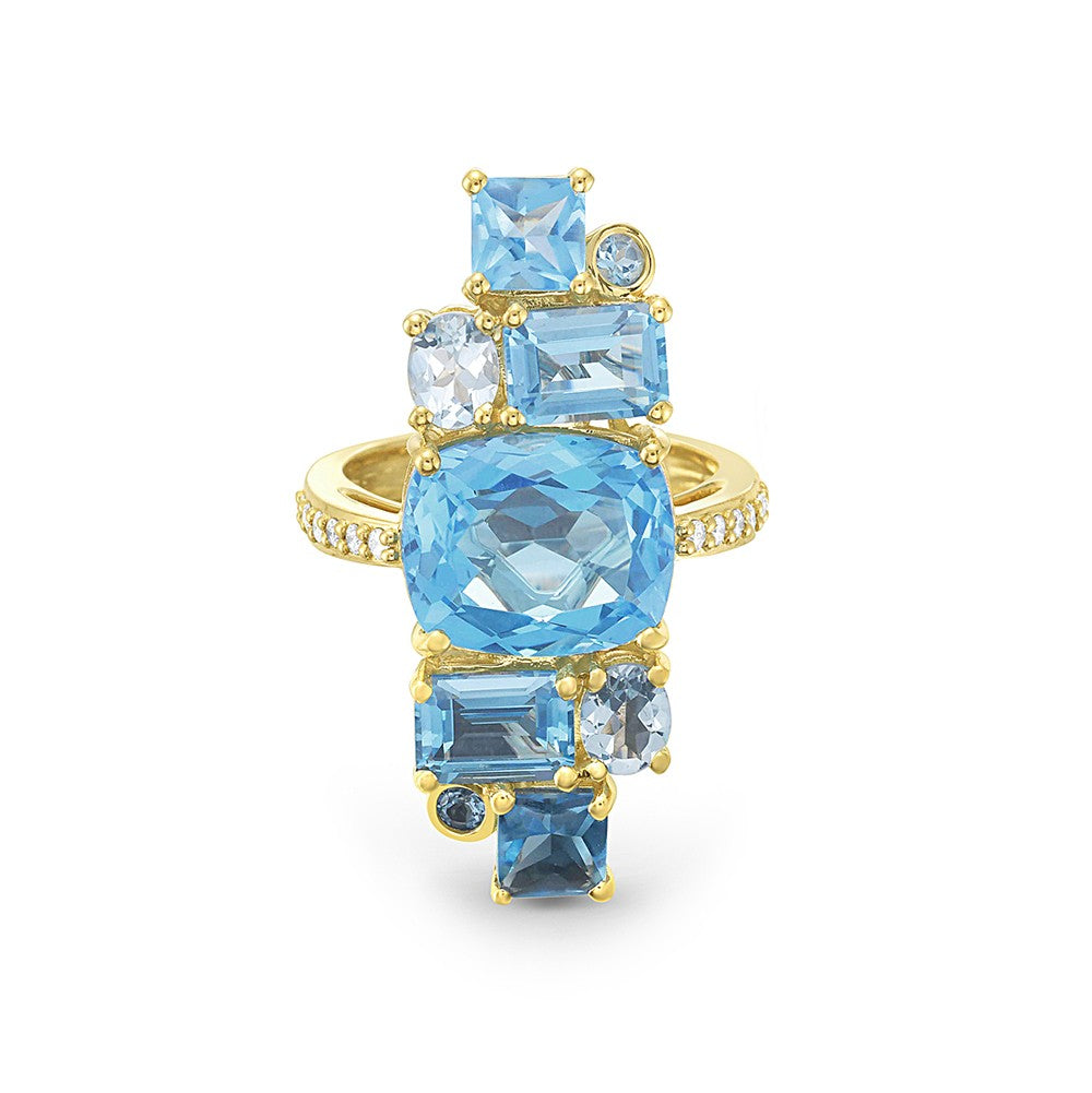 Multiple Cut Swiss & Sky Blue Topaz Ring in 14K Gold with Diamonds