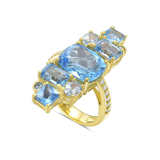 Multiple Cut Swiss & Sky Blue Topaz Ring in 14K Gold with Diamonds
