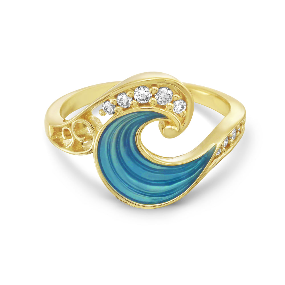 Dramatic Blue Enameled Wave Ring in 14K Gold with Diamonds