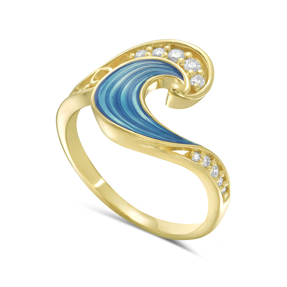 Dramatic Blue Enameled Wave Ring in 14K Gold with Diamonds