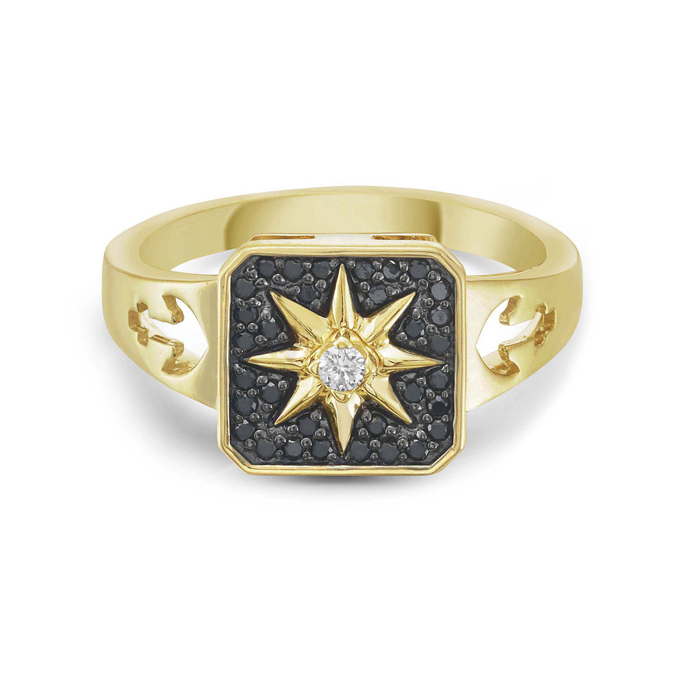 White & Black Diamond Star Ring with Anchor Cut Outs in 14K Gold