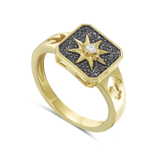 White & Black Diamond Star Ring with Anchor Cut Outs in 14K Gold 4.6