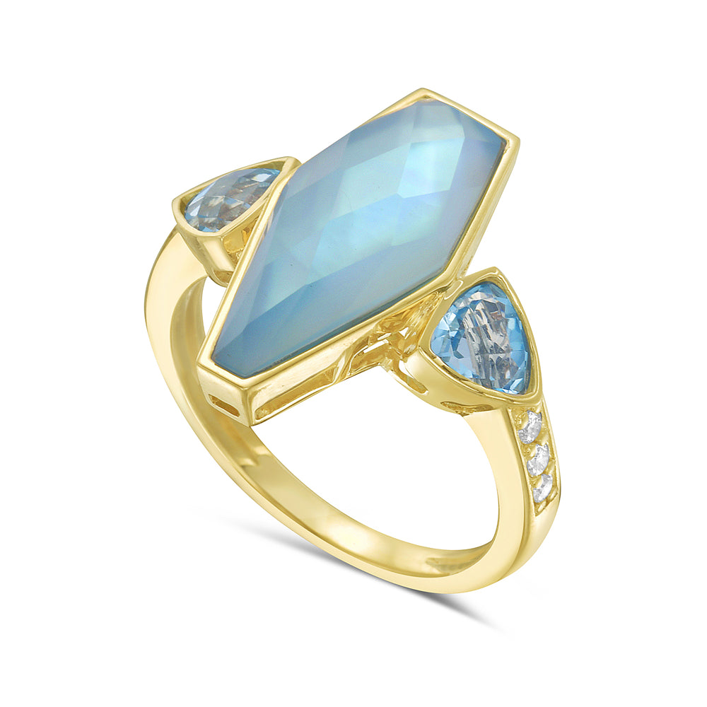 Doublet Swiss Blue Topaz & Shell Ring with Diamonds in 14K Gold