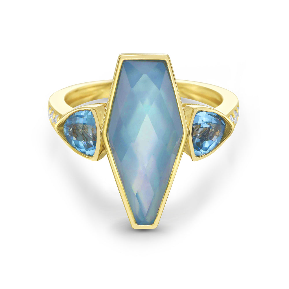 Doublet Swiss Blue Topaz & Shell Ring with Diamonds in 14K Gold
