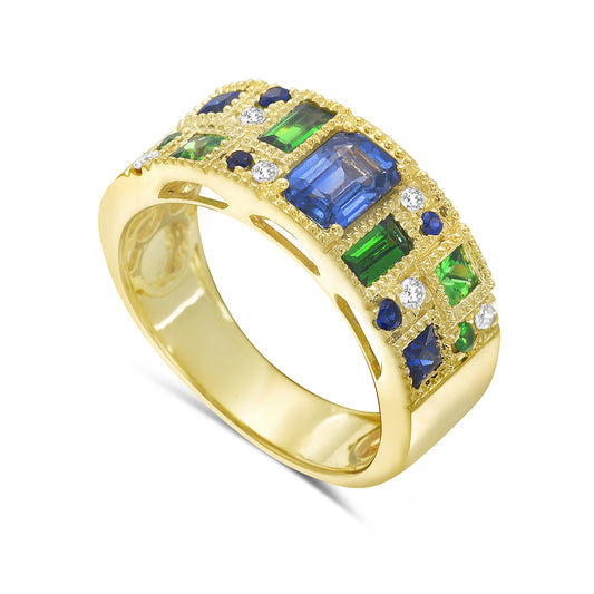 Staggared Multi-Colored Band Ring with Blue Sapphires, Green Garnets, & Diamonds in 14K Gold
