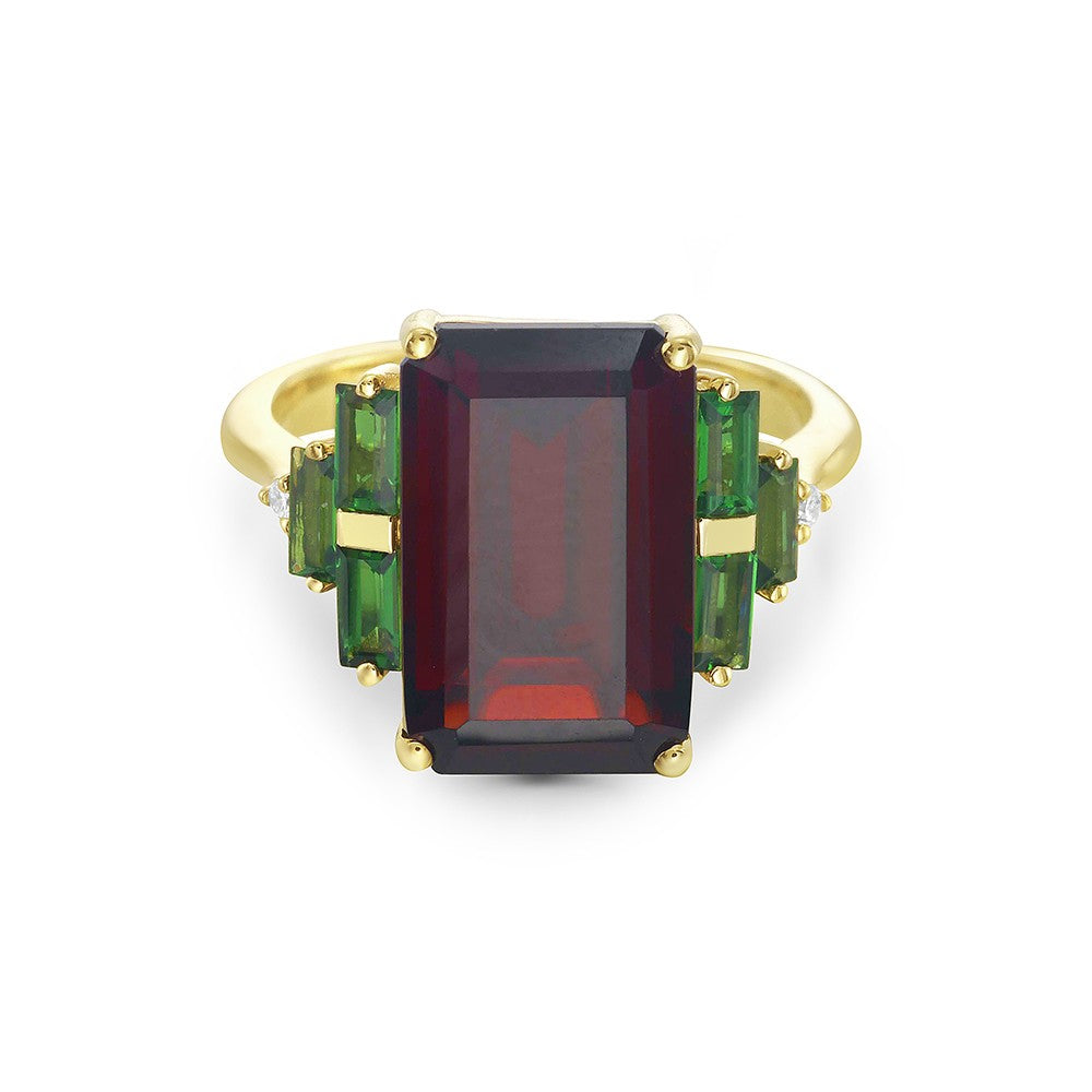 Graduated Garnets with Red & Green Garnets with Diamonds in 14K Gold