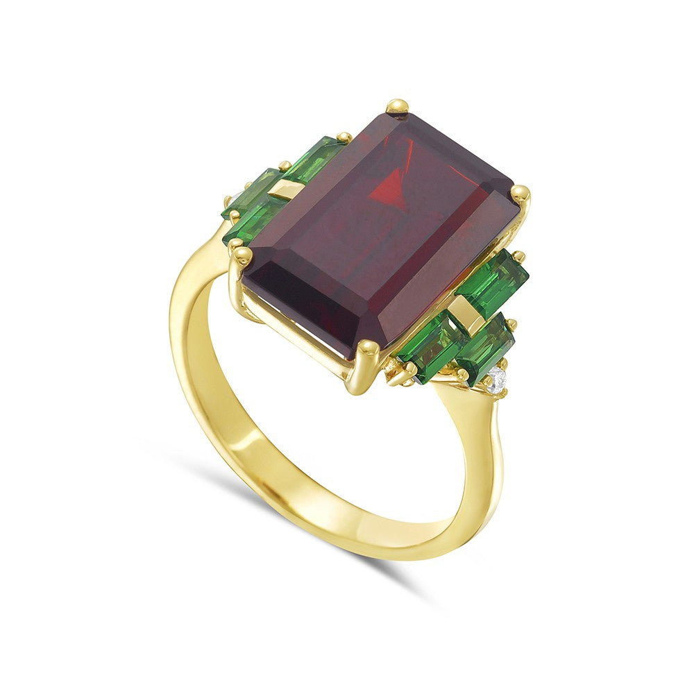 Graduated Garnets with Red & Green Garnets with Diamonds in 14K Gold