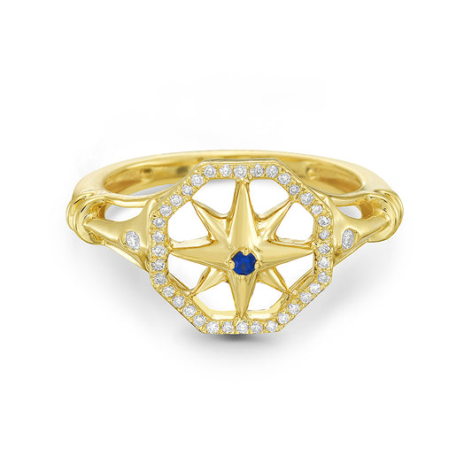 14k 11.5mm compass rose ring with 38 diamonds 0.13ct & 1 sapphire 0.02ct 4.0