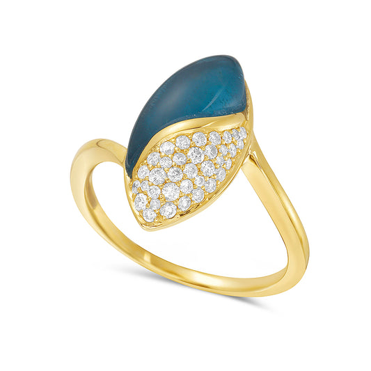 Pear Shape Ring with Cabochon London Blue Topaz & Diamonds