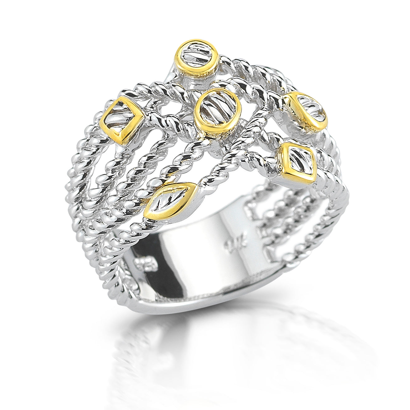 STERLING SILVER  CABLE DESIGN RING WITH 14K BEZZELS.