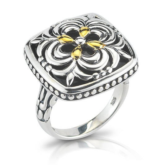 FLOWER SHAPE SQUARE SILVER RING  WITH 18K ACCENTS AND  BLACK ONYX SURFACE.
