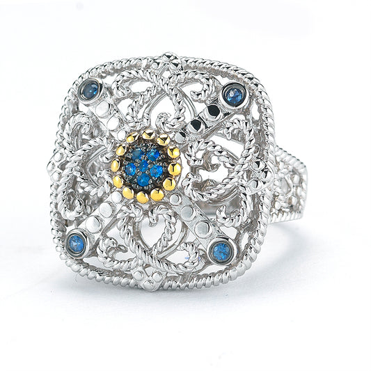 STERLING SILVER  SQUARE SHAPE RING WITH A CABLE DESIGN AND 14K ACCENTS SET WITH BLUE SAPPHIRES