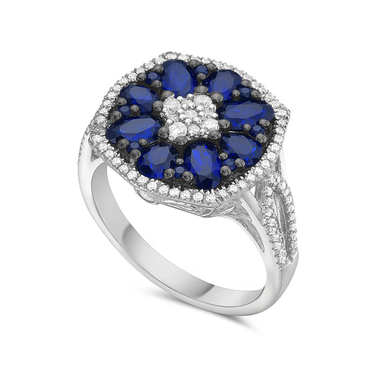 14K RING 97 DIAMONDS 0.37CT & 16 BLUE SAPPHIRE 2.15CT