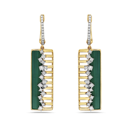 14K 25X9MM RECTANGULAR EARRINGS WITH 60 DIAMONDS 0.53CT & 2 MALACHITE STONES