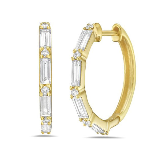 14k 19mm hoop with 10 round diamonds 0.10ct & 8 baguette 0.77ct