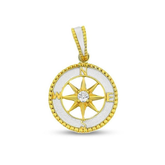 30mm x 19mm sterling silver with gold plating compass pendant with cz center