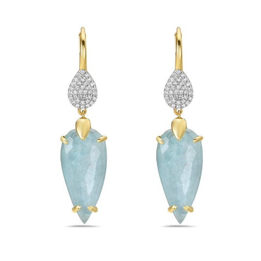 14KY 70 DIAMONDS 0.23CT 2 AMAZONITE DOUBLET 2 CRYSTALS TEAR SHAPE EARRINGS