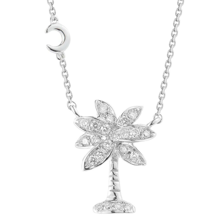 14K PALMETTO TREE WITH 22 DIAMONDS 0.12CT AND SMALL CRESCENT MOON DETAIL ON 18 INCHES CABLE CHAIN