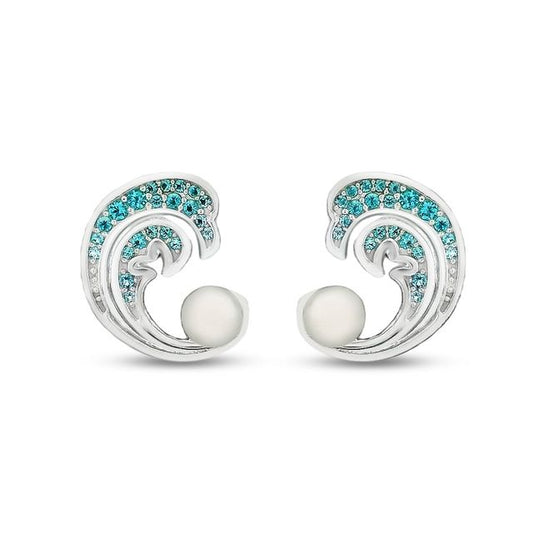 14mm x 10mm Sterling silver wave earrings with blue and white colored stones and faux pearl