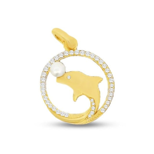 19mm round gold plated sterling silver dolphin pendant with faux pearl ball and cz's around