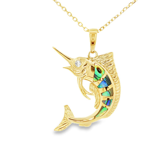 Gold plated sterling silver marlin pendant with iridescent inlay