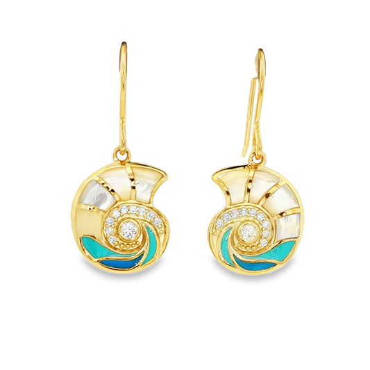Gold plated sterling silver shell earrings with faux white and blue mother of pearl and white stones