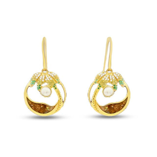 18mm x 17mm gold plated sterling silver palm tree on a beach earring green and white stones and faux pearl