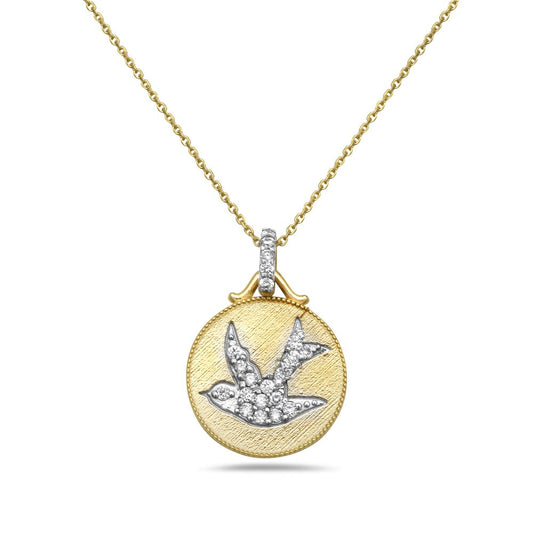 14K DOVE DISK PENDANT WITH 22 DIAMONDS,  12MM ON 18 INCHES CABLE CHAIN