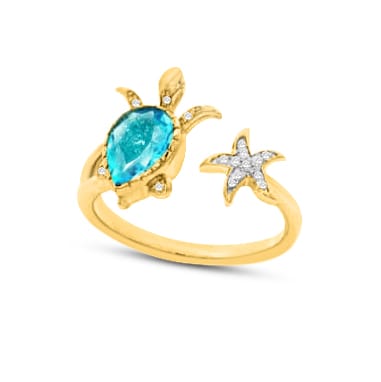 14KY turtle and starfish ring with 16 diamonds .055ct and 1 blue topaz