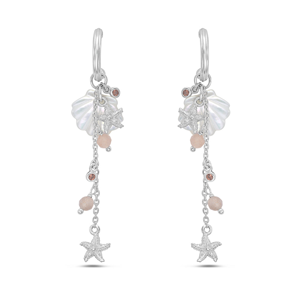 11mm x 55mm sterling silver drop earring with shell, starfish, and pale pink beads.
