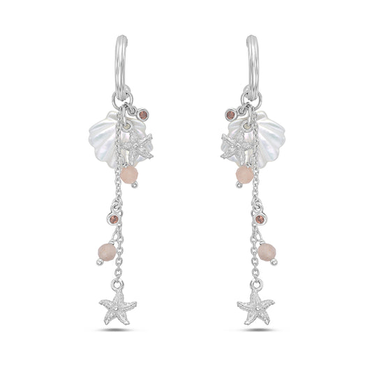 11mm x 55mm sterling silver drop earring with shell, starfish, and pale pink beads.