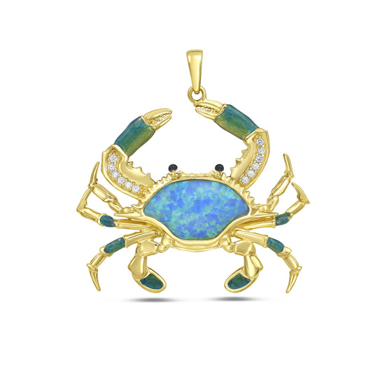 33mm x 37mm gold plated sterling silver crab pendant with blue/green stone body, green accented legs and green and cz accented claws