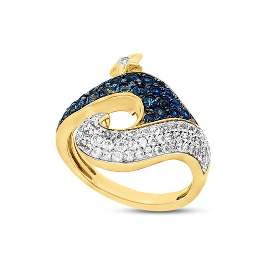 14k 21mm wide wave ring with 31 blue sapphires 0.80ct & 55 white sapphires 0.64ct