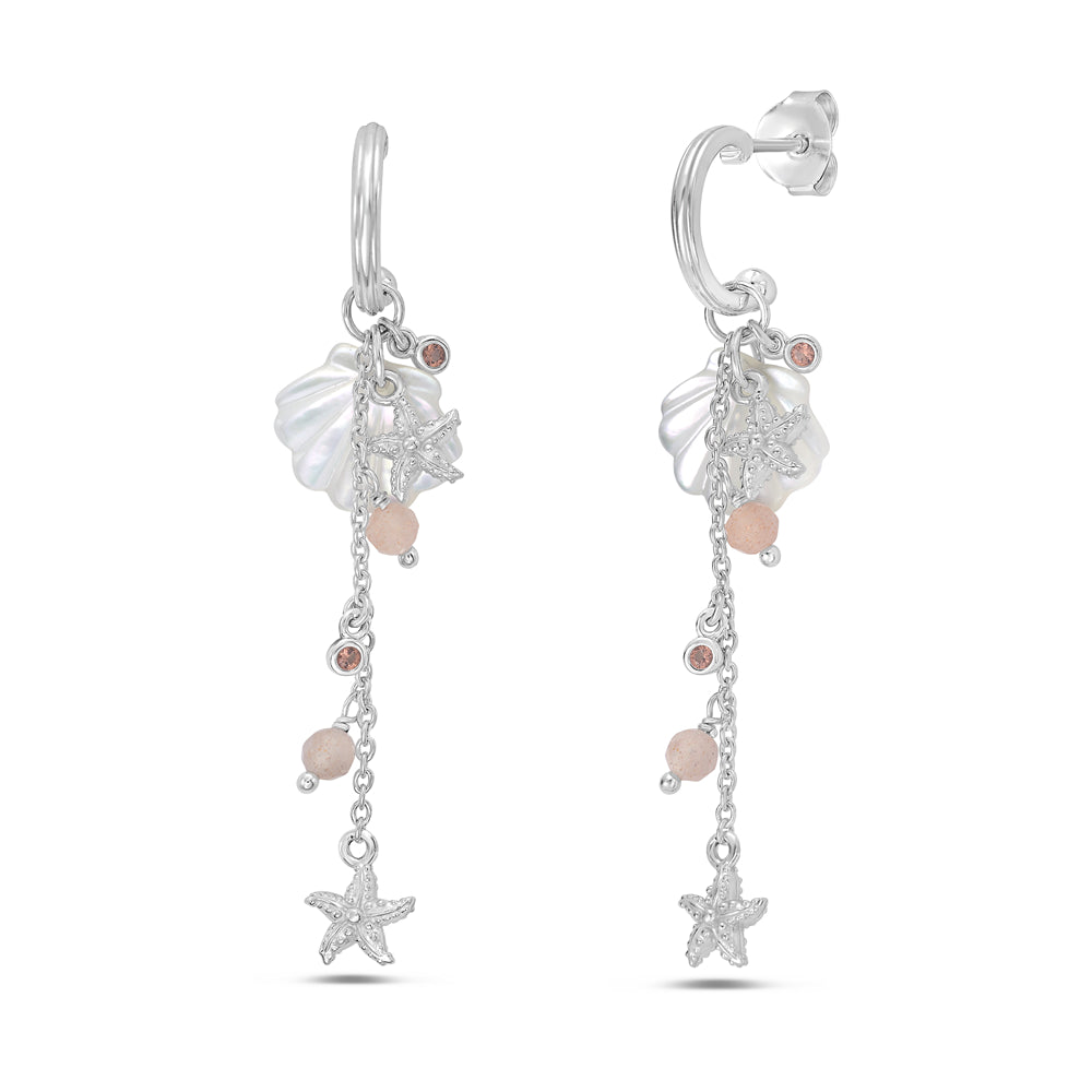 11mm x 55mm sterling silver drop earring with shell, starfish, and pale pink beads.