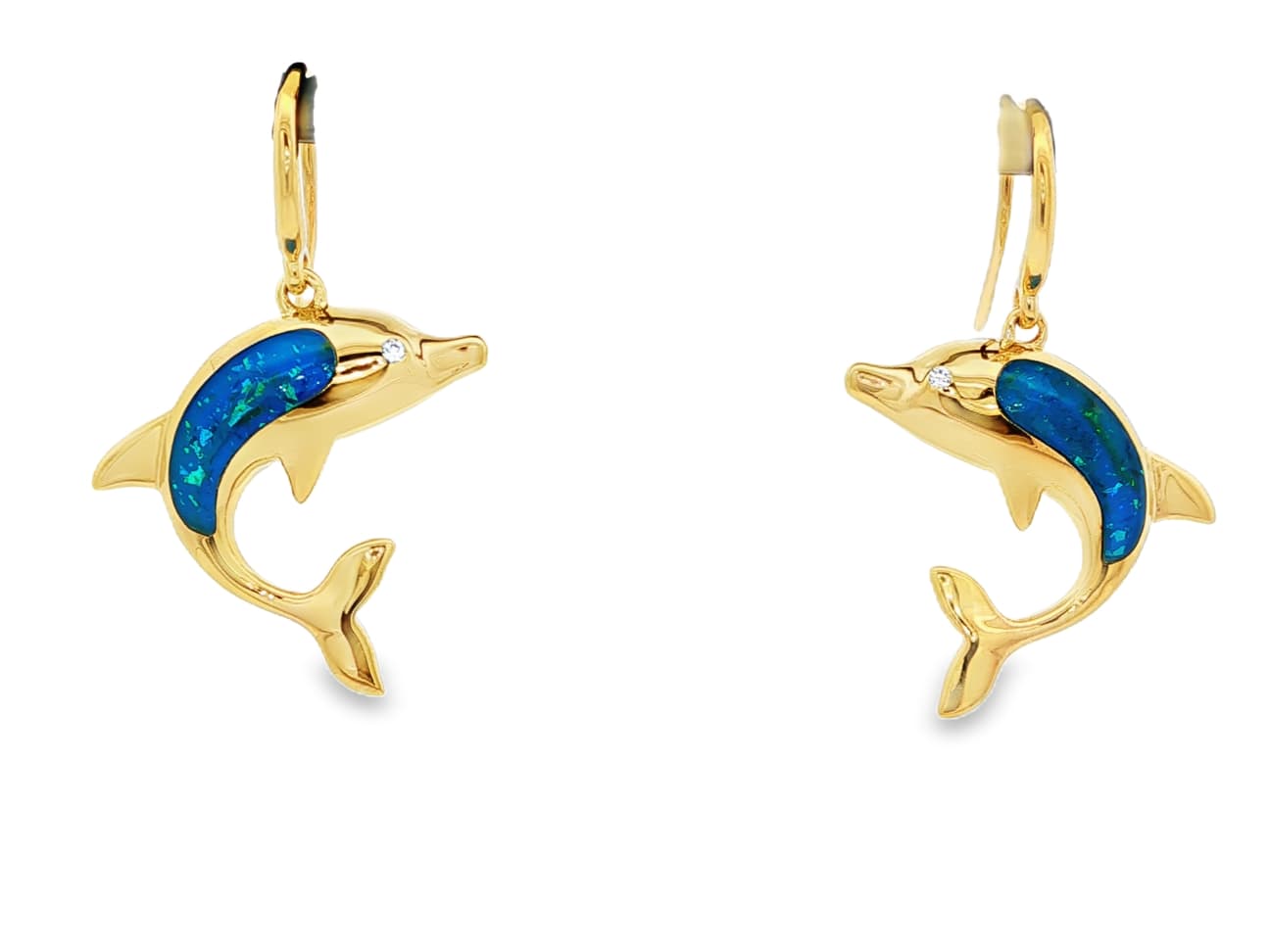 Gold plated sterling silver dolphin earrings with inlaid iridescent blue