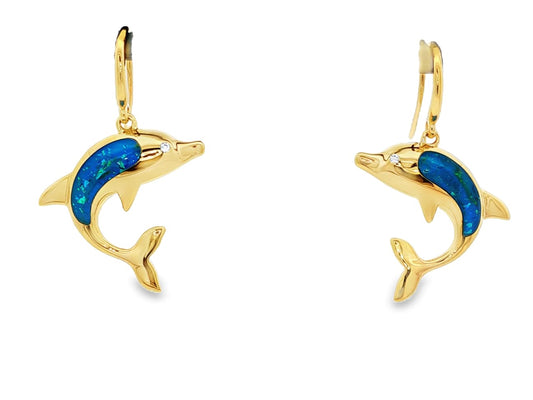 Gold plated sterling silver dolphin earrings with inlaid iridescent blue
