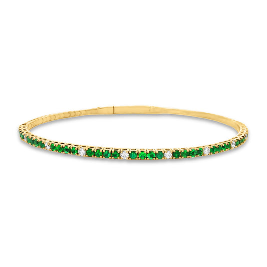 14ky 2mm flexible bangle with diamonds 0.35ct & emeralds 1.09ct