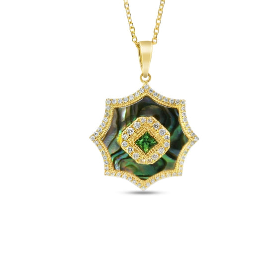 14k 20mm octagon shape pendant with 72 diamonds 0.29ct, 1 green garnet  0.19ct & inlaid abalone on 18 inches cable chain