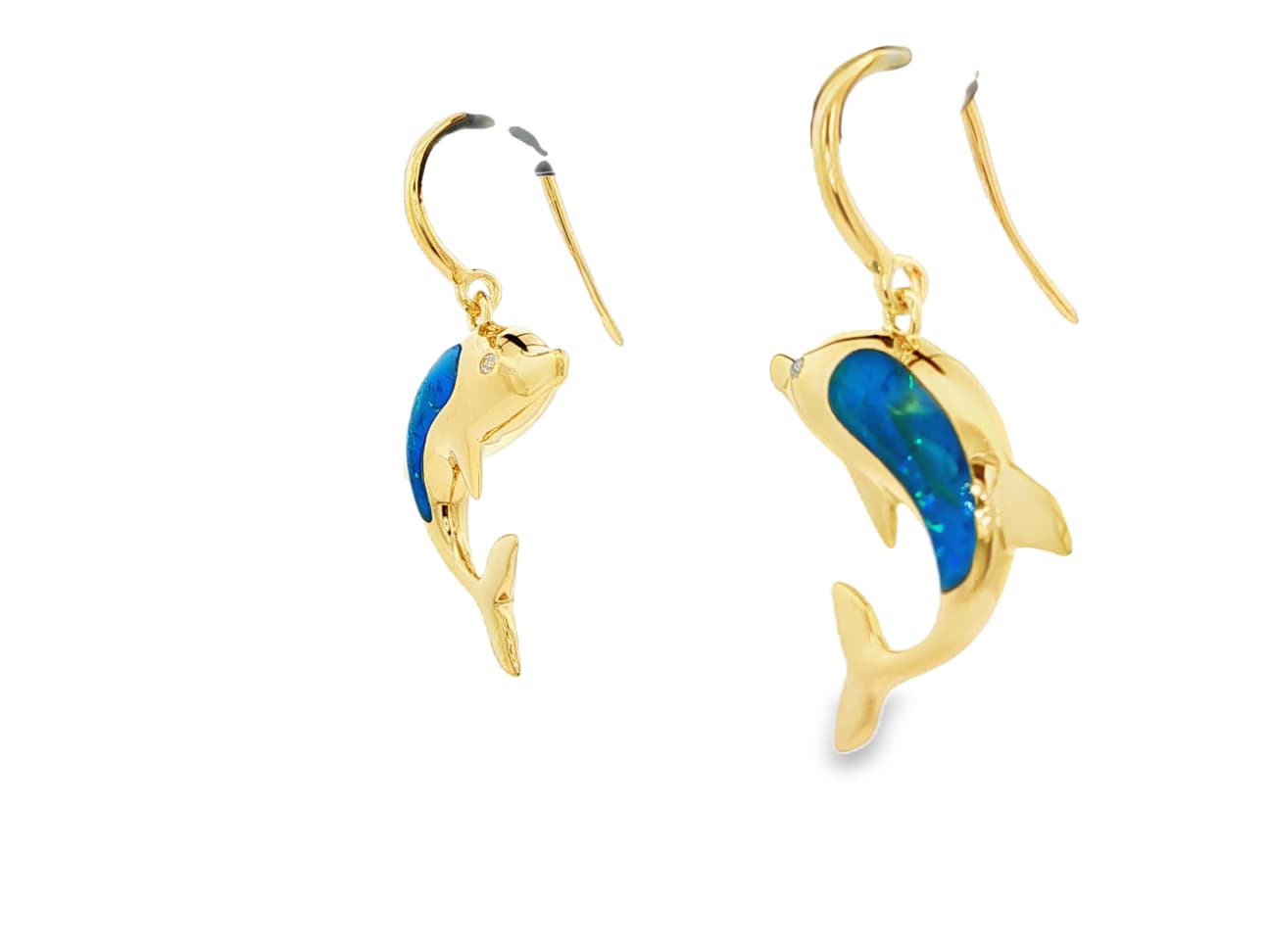 Gold plated sterling silver dolphin earrings with inlaid iridescent blue