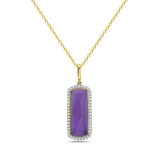 14K 21X9MM RECTANGLE SHAPE AMETHYST DOUBLET PENDANT WITH 46 DIAMONDS 0.20CT ON 18 INCHES 1.4G CABLE CHAIN