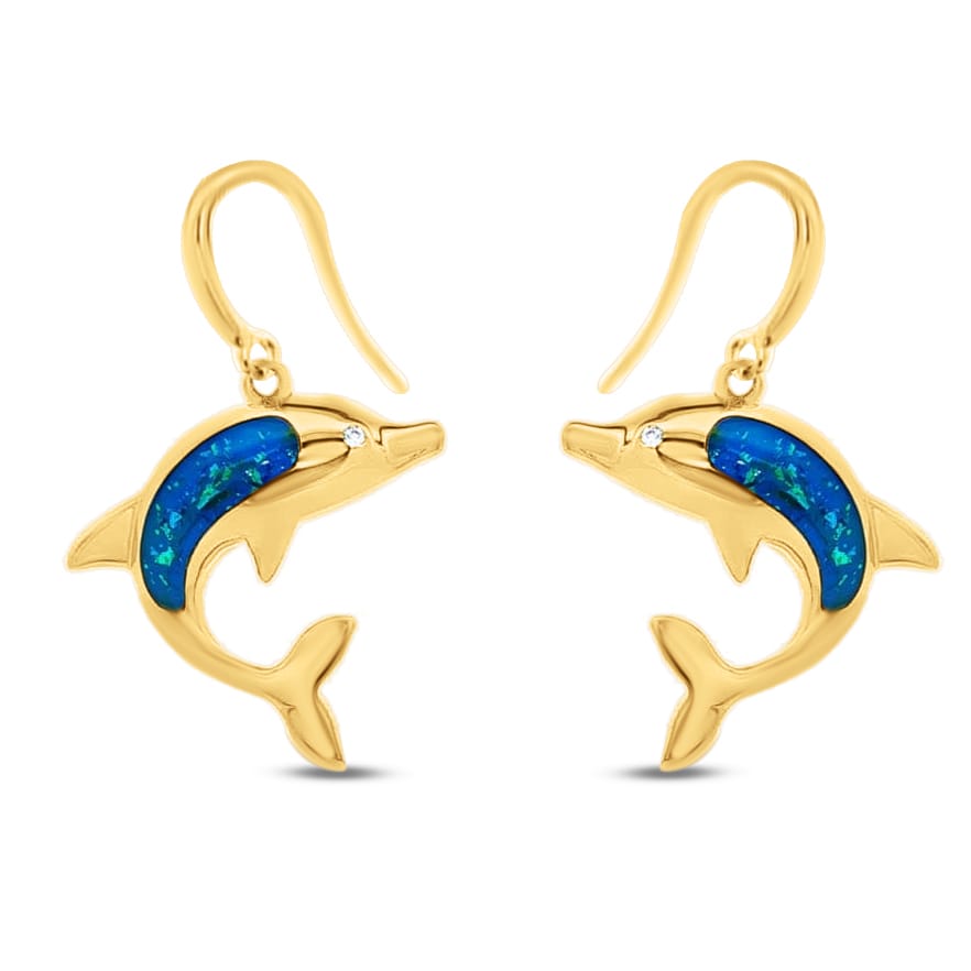 Gold plated sterling silver dolphin earrings with inlaid iridescent blue