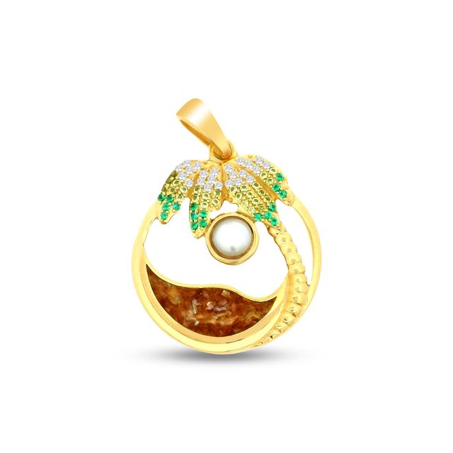 19mm round gold plated sterliing silver palm tree on the beach pendant with shell sand inlay, green and white stones, and faux pearl