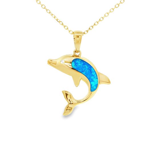 Gold plated sterling silver dolphin pendant with inlaid iridescent blue